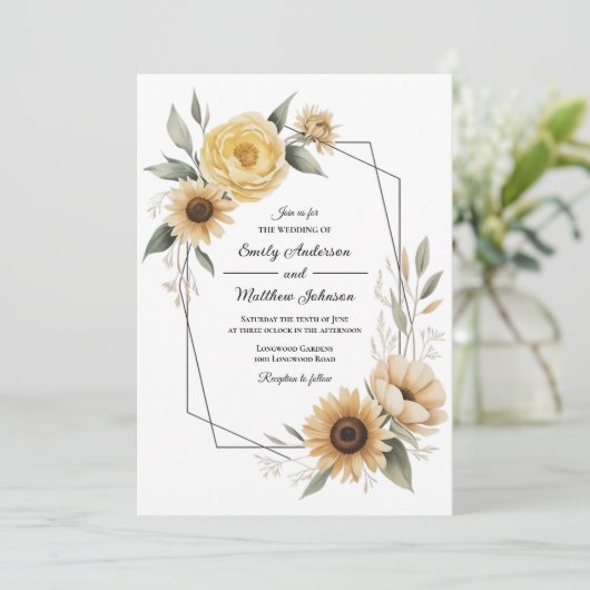 Sunflower Yellow Floral Frame Wedding Invitation 招待状 (スタンド正面)