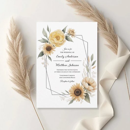 Sunflower Yellow Floral Frame Wedding Invitation 招待状