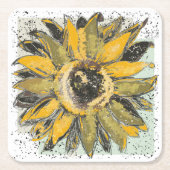 Sunflower Yellow Green Black Watercolor Style Art スクエアペーパーコースター (正面)