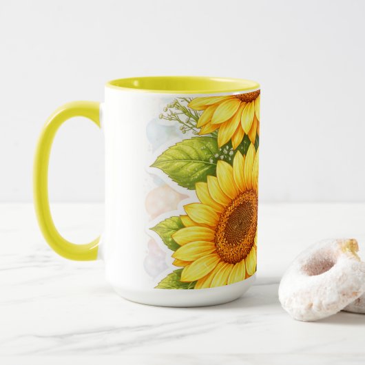 Sunflower Yellow Mug – Floral Gift for Her マグカップ (ドーナツ付き)
