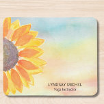 Sunflower Yoga Instructor マウスパッド<br><div class="desc">This floral mouse pad is decorated with a yellow sunflower,  stylish typography,  and a watercolor background.
Easily customizable.
Original Watercolor © Michele Davies.</div>