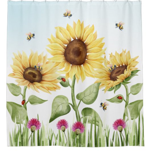 Sunflowers and Bees シャワーカーテン (正面)