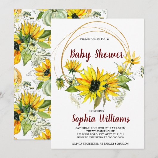 SunFlowers and Boho Baby Shower 招待状 (正面/裏面)