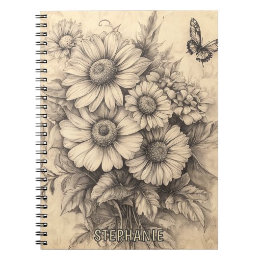 Sunflowers and Butterfly - Rustic Aged Paper ノートブック (正面)