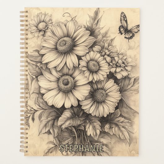 Sunflowers and Butterfly - Rustic Aged Paper プランナー手帳 (正面)