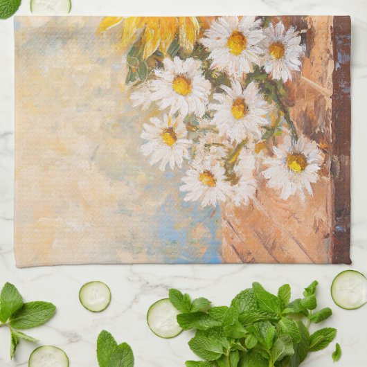 Sunflowers and Daisies on Rustic Table キッチンタオル (折り畳み)