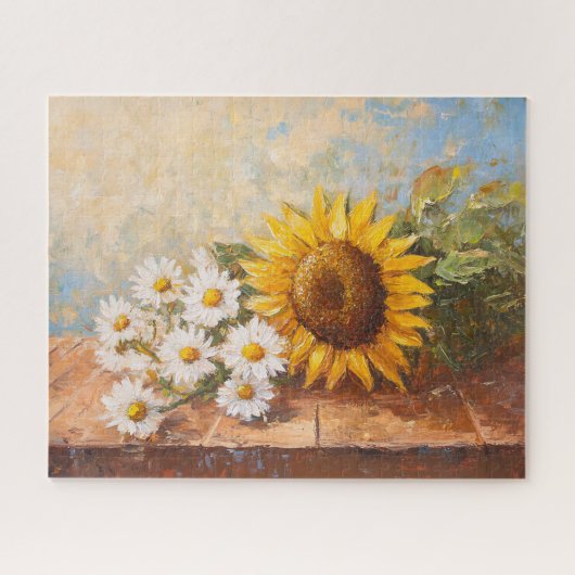 Sunflowers and Daisies on Rustic Table ジグソーパズル (横)