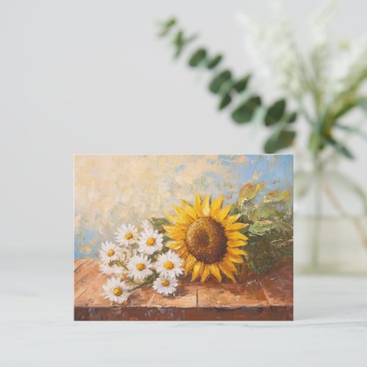 Sunflowers and Daisies on Rustic Table ポストカード (スタンド正面)