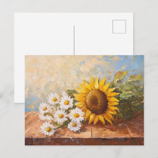 Sunflowers and Daisies on Rustic Table ポストカード (正面/裏面)