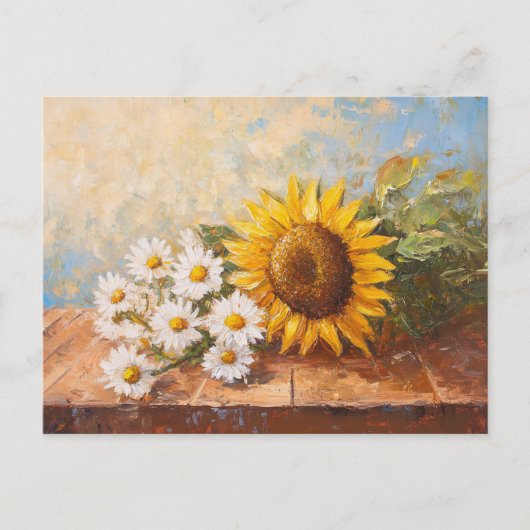 Sunflowers and Daisies on Rustic Table ポストカード (正面)