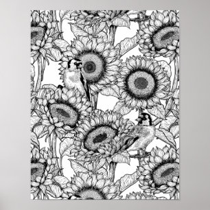 Sunflowers and goldfinches in black and white ポスター