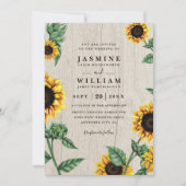 Sunflowers And Wood Rustic Country QR Code Wedding 招待状 (正面)