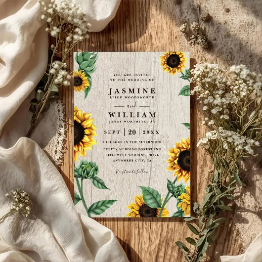 Sunflowers And Wood Rustic Country QR Code Wedding 招待状