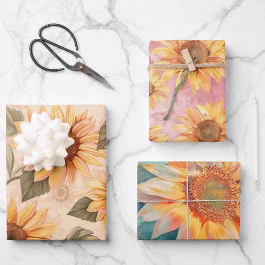 Sunflowers blue background ラッピングペーパーシート (正面)