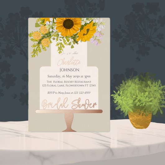 Sunflowers Bouquet Floral Cake Bridal Shower  箔招待状