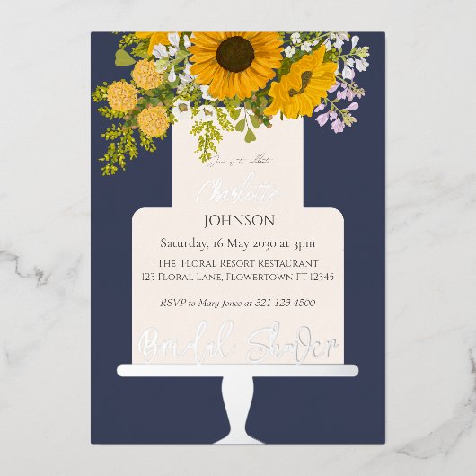 Sunflowers Bouquet Floral Cake Bridal Shower  箔招待状 (正面)