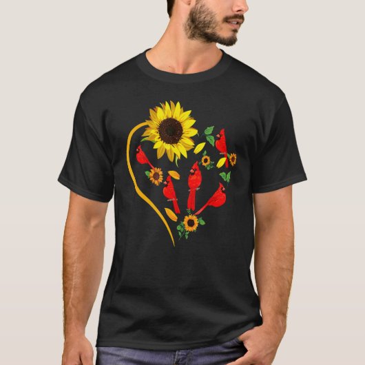 Sunflowers Cardinal Birds Cute Heart Shape Funny B Tシャツ (正面)