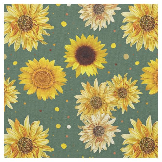 Sunflowers Dots Green Repeating Pattern Fabric ファブリック (クローズアップ)