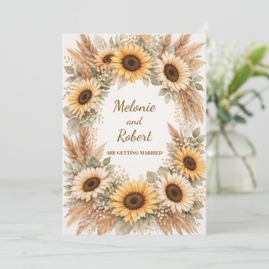 Sunflowers Earthy Boho Wedding Invitation 招待状 (スタンド正面)