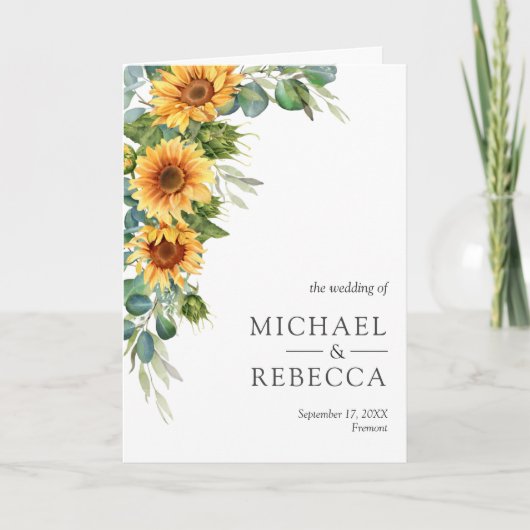 Sunflowers Eucalyptus All in One QR Code Wedding 招待状 (正面)