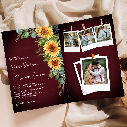 Sunflowers Eucalyptus Burgundy QR Code Wedding 招待状
