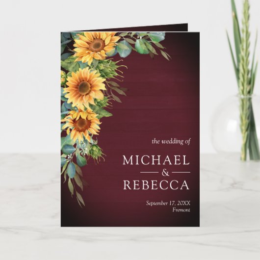Sunflowers Eucalyptus Burgundy QR Code Wedding 招待状 (正面)
