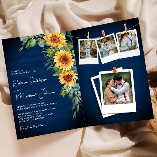 Sunflowers Eucalyptus Navy Blue QR Code Wedding 招待状
