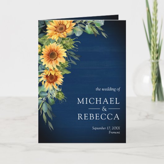 Sunflowers Eucalyptus Navy Blue QR Code Wedding 招待状 (正面)