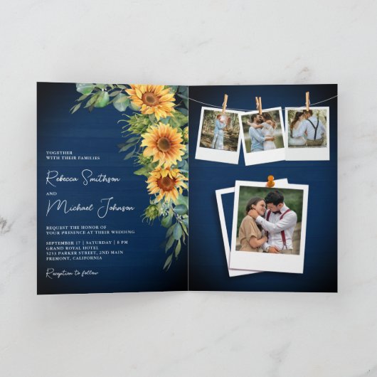 Sunflowers Eucalyptus Navy Blue QR Code Wedding 招待状 (内部)