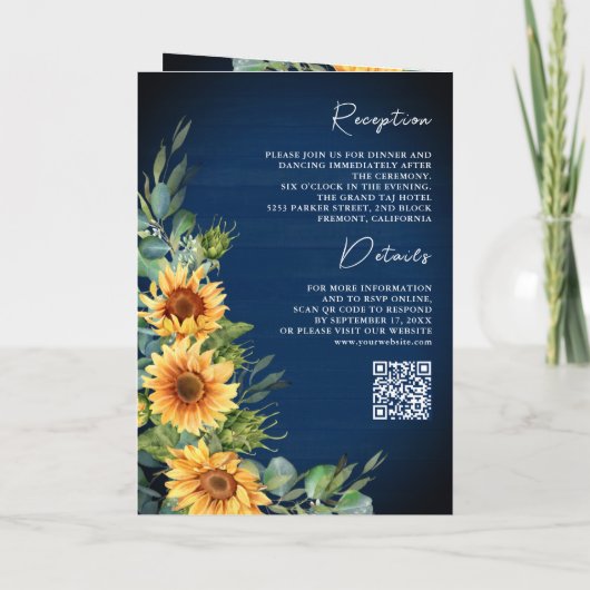 Sunflowers Eucalyptus Navy Blue QR Code Wedding 招待状 (裏面)