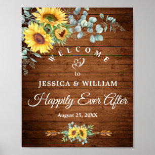 Sunflowers Eucalyptus Rustic Wedding Welcome Sign ポスター