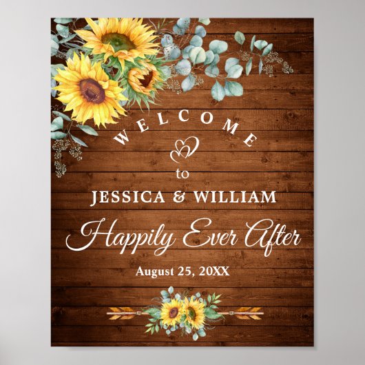 Sunflowers Eucalyptus Rustic Wedding Welcome Sign ポスター (正面)