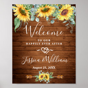 Sunflowers Eucalyptus Rustic Wedding Welcome Sign ポスター
