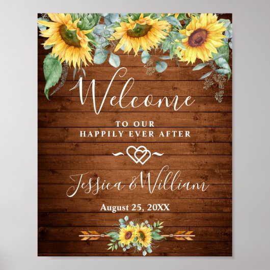 Sunflowers Eucalyptus Rustic Wedding Welcome Sign ポスター (正面)