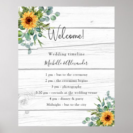 Sunflowers eucalyptus wedding program wood details ポスター (正面)