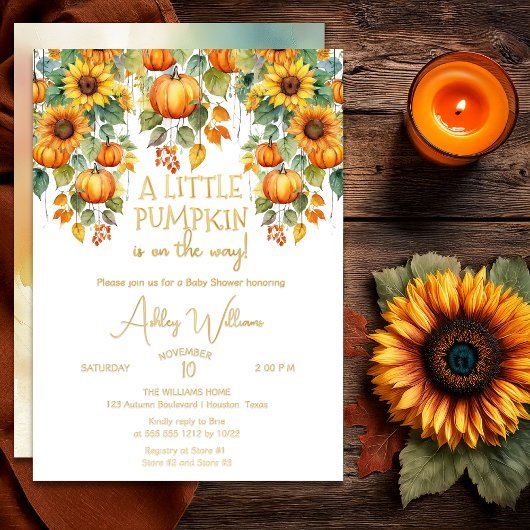 Sunflowers Fall A Little Pumpkin Baby Shower 箔招待状