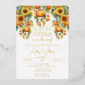 Sunflowers Fall A Little Pumpkin Baby Shower 箔招待状 (正面)