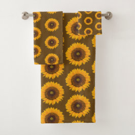Sunflowers Floral Pattern Brown Yellow Towel Set バスタオルセット