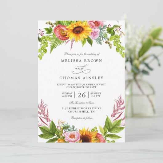 Sunflowers Floral Pink Rustic Chic QR Code Wedding 招待状 (スタンド正面)