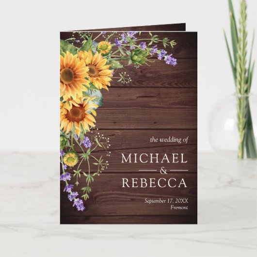 Sunflowers Lavender QR Code Wood Wedding 招待状 (正面)
