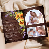 Sunflowers Lavender QR Code Wood Wedding 招待状
