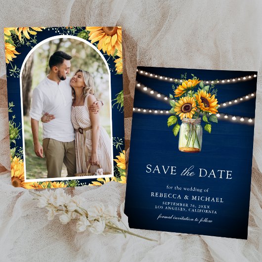 Sunflowers Navy Blue Mason Jar Photo Wedding セーブザデート