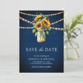 Sunflowers Navy Blue Mason Jar Photo Wedding セーブザデート (スタンド正面)
