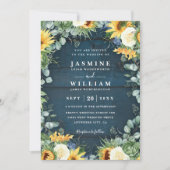 Sunflowers Navy Blue Wood Rustic QR Code Wedding 招待状 (正面)
