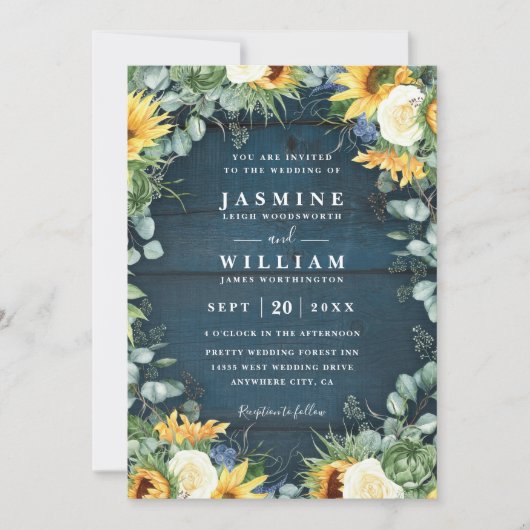 Sunflowers Navy Blue Wood Rustic QR Code Wedding 招待状 (正面)