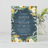 Sunflowers Navy Blue Wood Rustic QR Code Wedding 招待状 (スタンド正面)