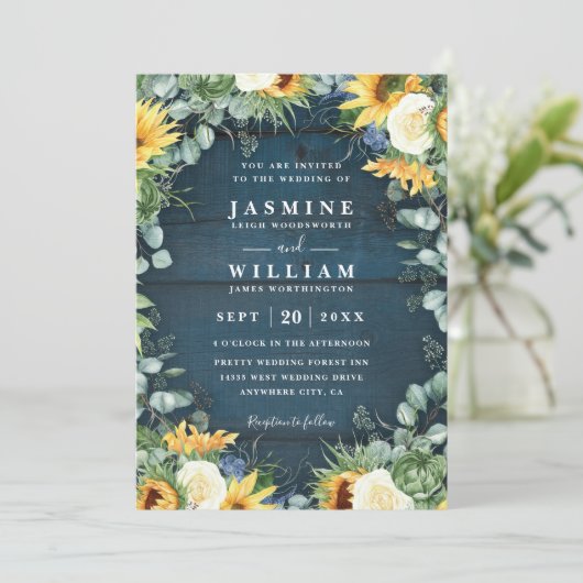 Sunflowers Navy Blue Wood Rustic QR Code Wedding 招待状 (スタンド正面)