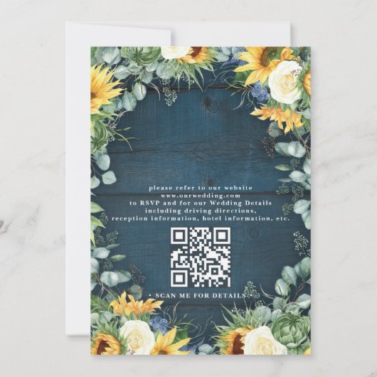 Sunflowers Navy Blue Wood Rustic QR Code Wedding 招待状 (裏面)