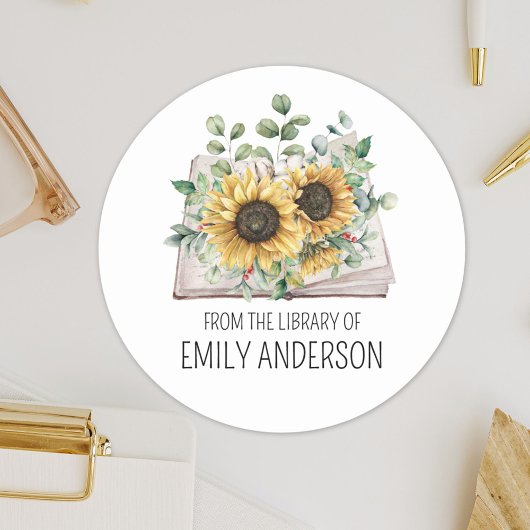 Sunflowers on Book From the Library of Bookplate ラウンドシール