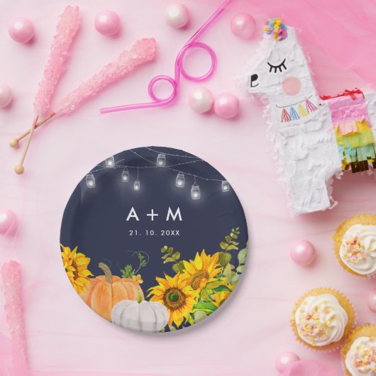 Sunflowers Pumpkins String Light Rustic Wedding ペーパープレート (パーティー)